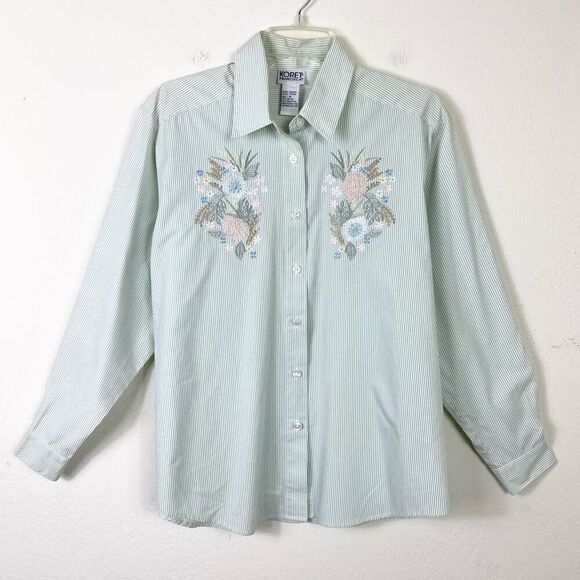 Vintage Tops - Vintage Koret White & Green Striped Floral Embroidered Long Sleeve Shirt Size M